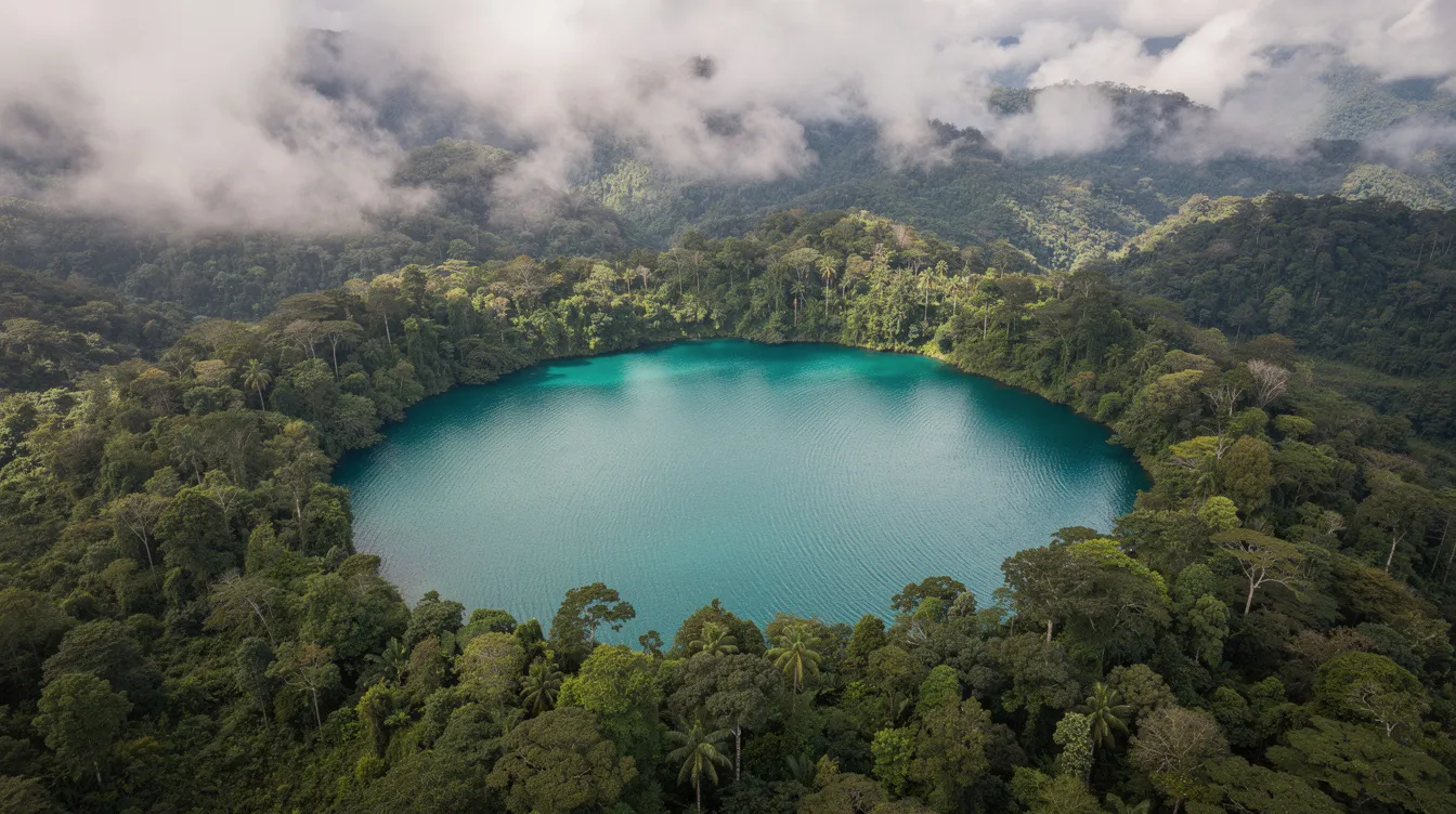 An aerial view captures a large tropical lake, surrounded by lush rainforest and enveloped in low-hanging clouds, reflecting the vital water management strategy needed for regions like the Panama Canal, where maximum authorized draft and lake levels are closely monitored. The serene landscape showcases the importance of maintaining water reserves amidst changing climatic conditions, such as El Niño, which can have pronounced impacts on freshwater resources.