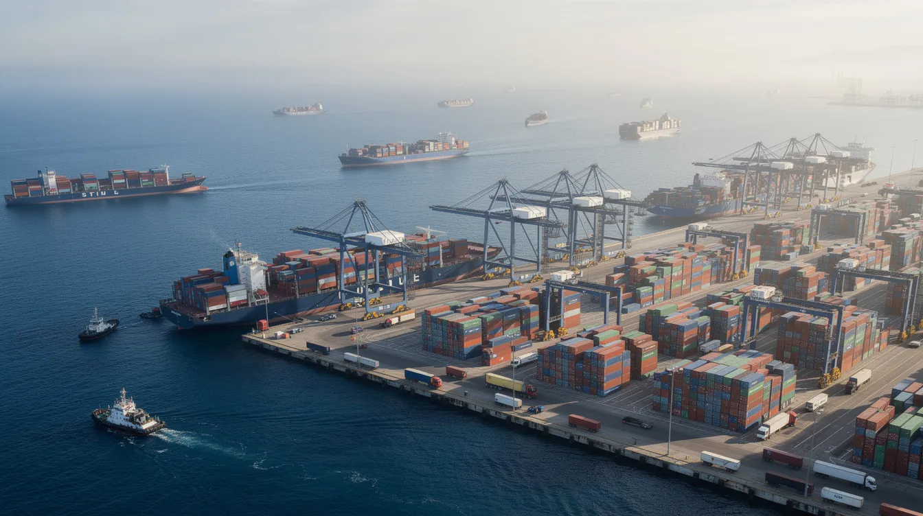 An aerial view captures multiple cargo ships anchored near a busy commercial port, highlighting the bustling activity of global trade and container traffic. This scene reflects the importance of shipping lines in maintaining global supply chains and the impact of the Suez Canal reopening on global shipping operations.