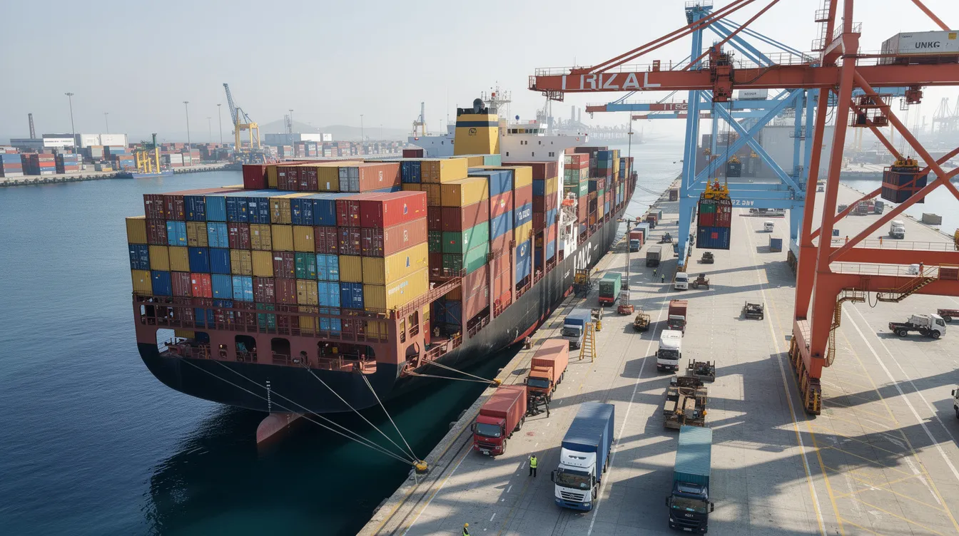 The image depicts large cargo ships, including bulk carriers and LPG carriers, docked at a bustling commercial port during the daytime, showcasing the vibrant activity of merchant navy officers and the importance of maritime services for economic success. The scene highlights the connection between various organizations and the vital role of ships in global trade.