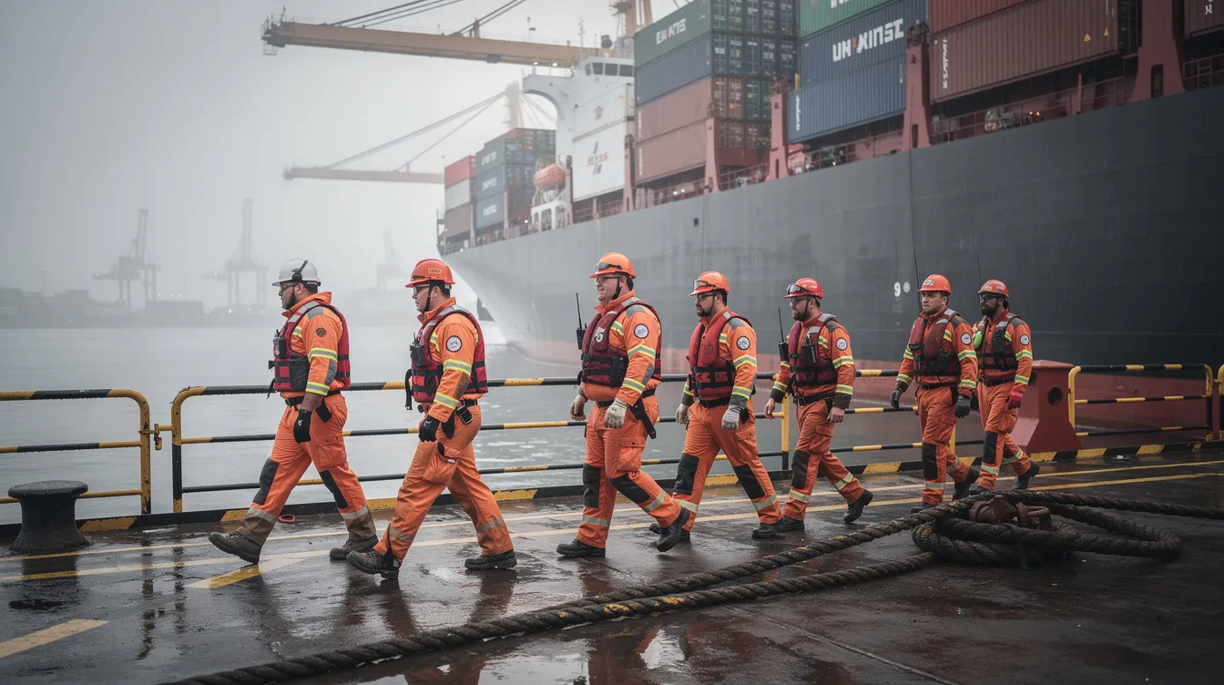 A group of seafarers in safety gear is walking on the deck of a cargo vessel at port, highlighting their essential role in the maritime industry. This scene underscores the importance of seafarers' rights and the accountability of shipowners and companies in ensuring safe working conditions for crews.