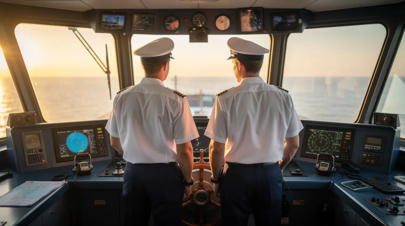Two maritime officers, a chief officer and a chief engineer, stand confidently on the navigation bridge of a bulk carrier, gazing at the horizon as they oversee the vessel's journey. Their presence symbolizes the dedication and skills of merchant navy officers, essential for ensuring safety and success in the world of maritime operations.