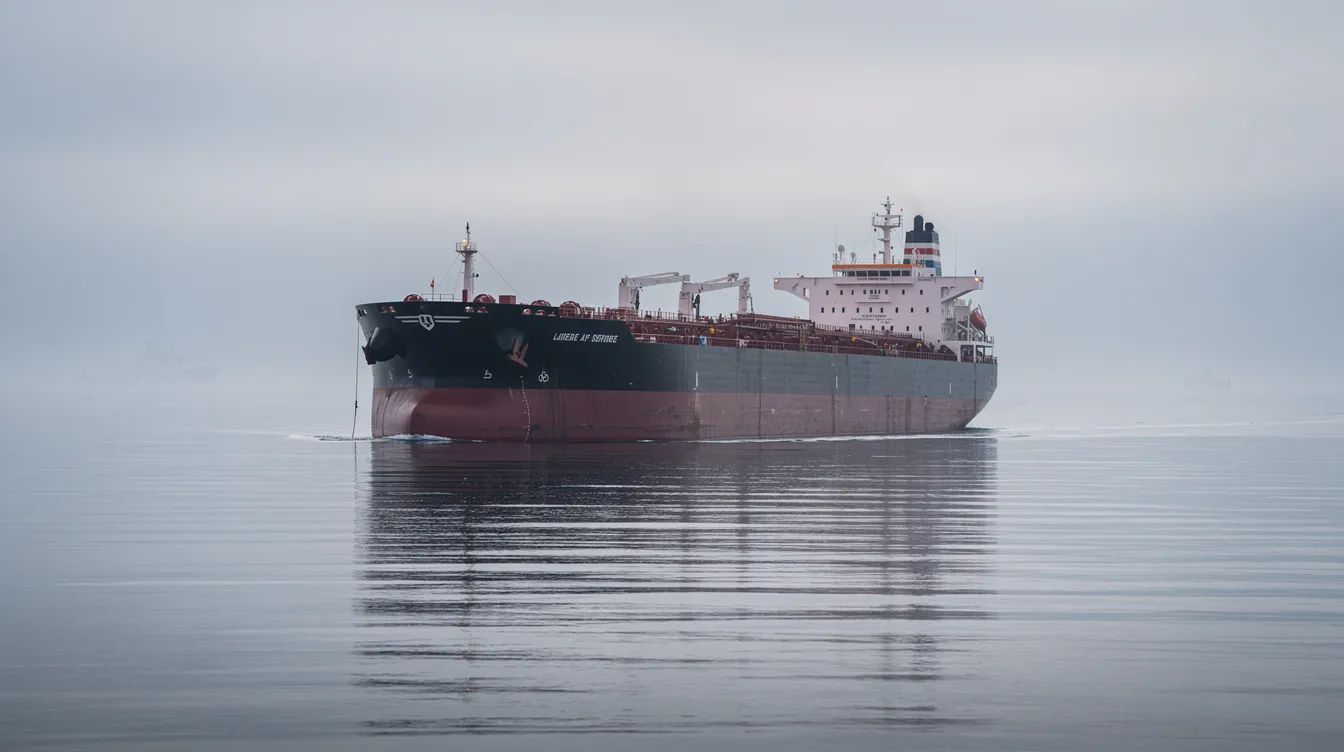 A large tanker vessel is anchored at a remote location, surrounded by calm seas and a hazy horizon, symbolizing the isolation often faced by seafarers in the maritime industry. This serene setting highlights the importance of seafarers' rights and mental health, as they navigate the challenges of their work away from port authorities and shipowners.