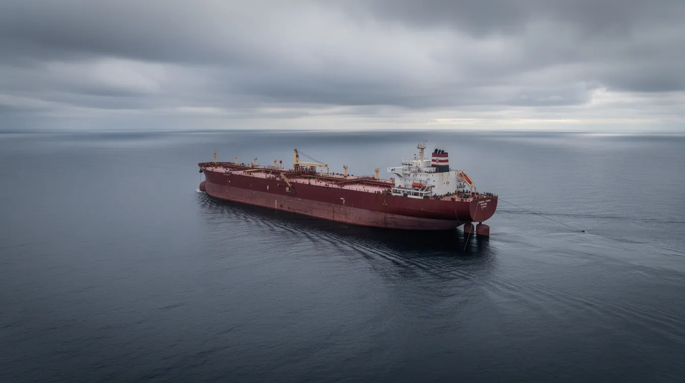 A large cargo tanker ship is anchored alone in open water beneath a blanket of overcast skies, symbolizing the isolation faced by seafarers in the maritime industry. This image highlights the importance of seafarers' rights and the need for accountability from shipowners and port authorities in ensuring their well-being and mental health.