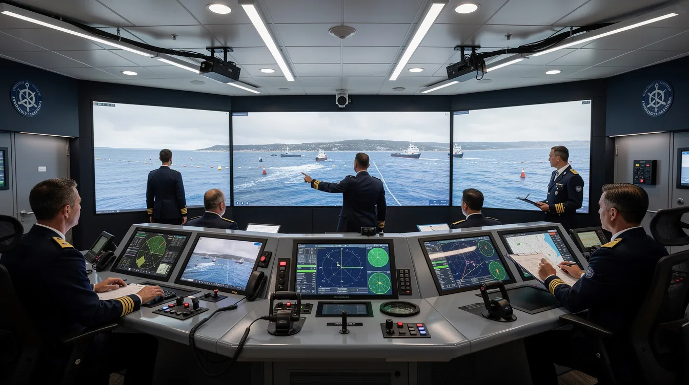The image depicts a maritime training simulator room where merchant navy officers, including a chief officer and chief engineer, are practicing navigation on large screens. This high-tech environment is designed to enhance their skills and prepare them for real-world challenges at sea.