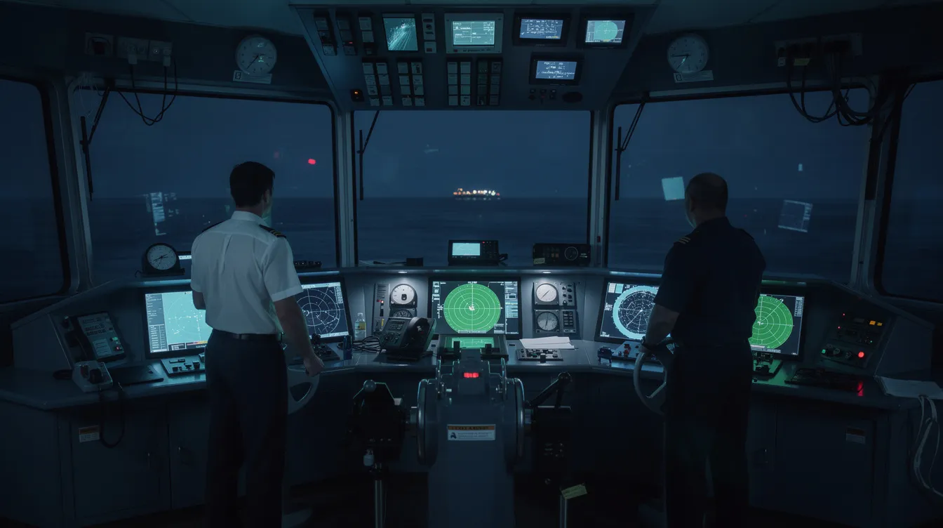 The image depicts a ship's bridge at night, illuminated by glowing radar screens, where officers are attentively monitoring the maritime security environment. The scene emphasizes vigilance and readiness, reflecting the importance of risk management processes in detecting and responding to potential threats at sea.