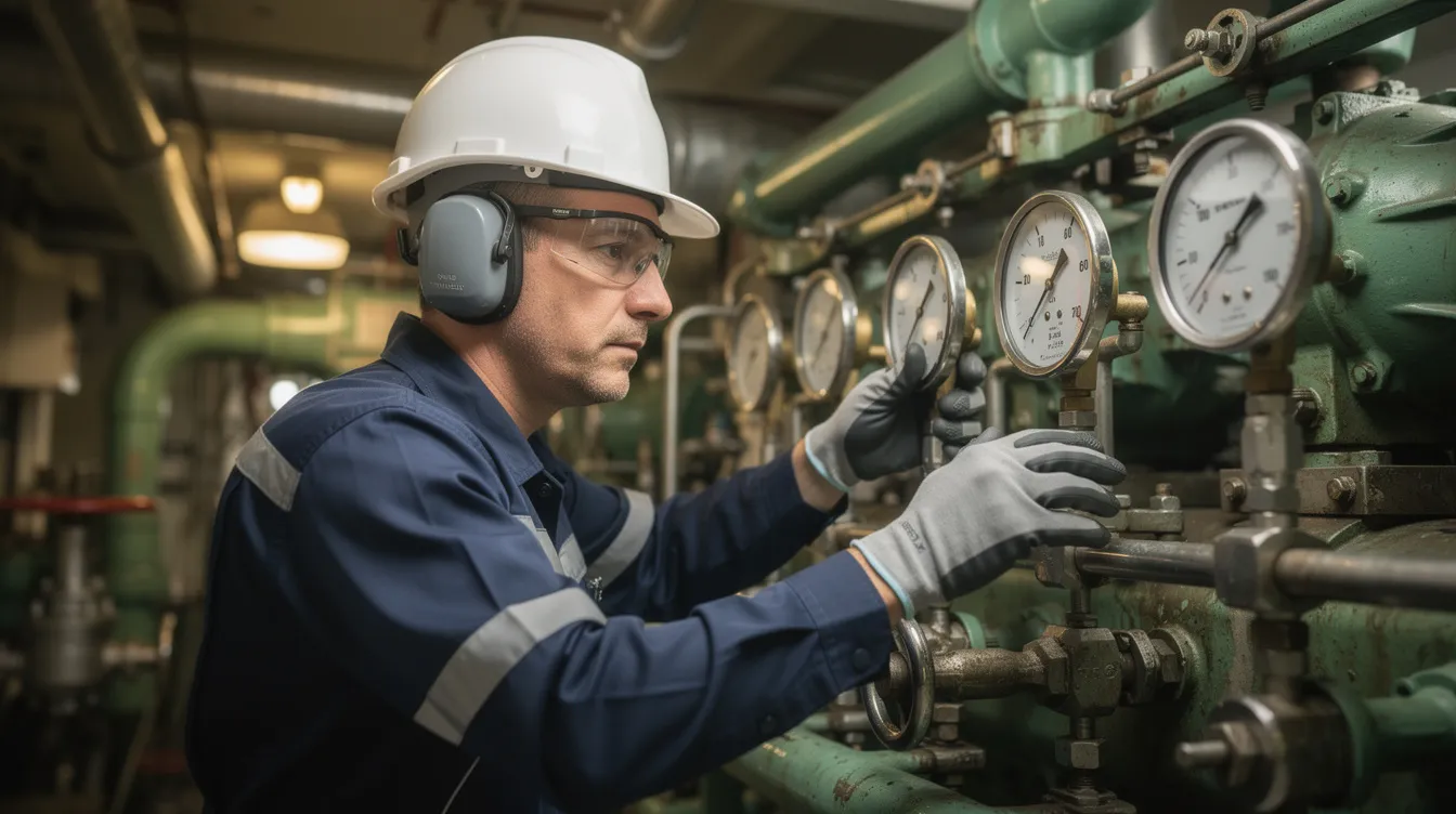 A marine engineer closely inspects engine room equipment and gauges to ensure the reliability of critical systems on a ship, emphasizing the importance of preventive maintenance to avoid costly repairs and machinery failure at sea. The scene highlights the intricate details of the equipment, including fuel filters and worn components, crucial for maintaining operational efficiency in maritime safety.