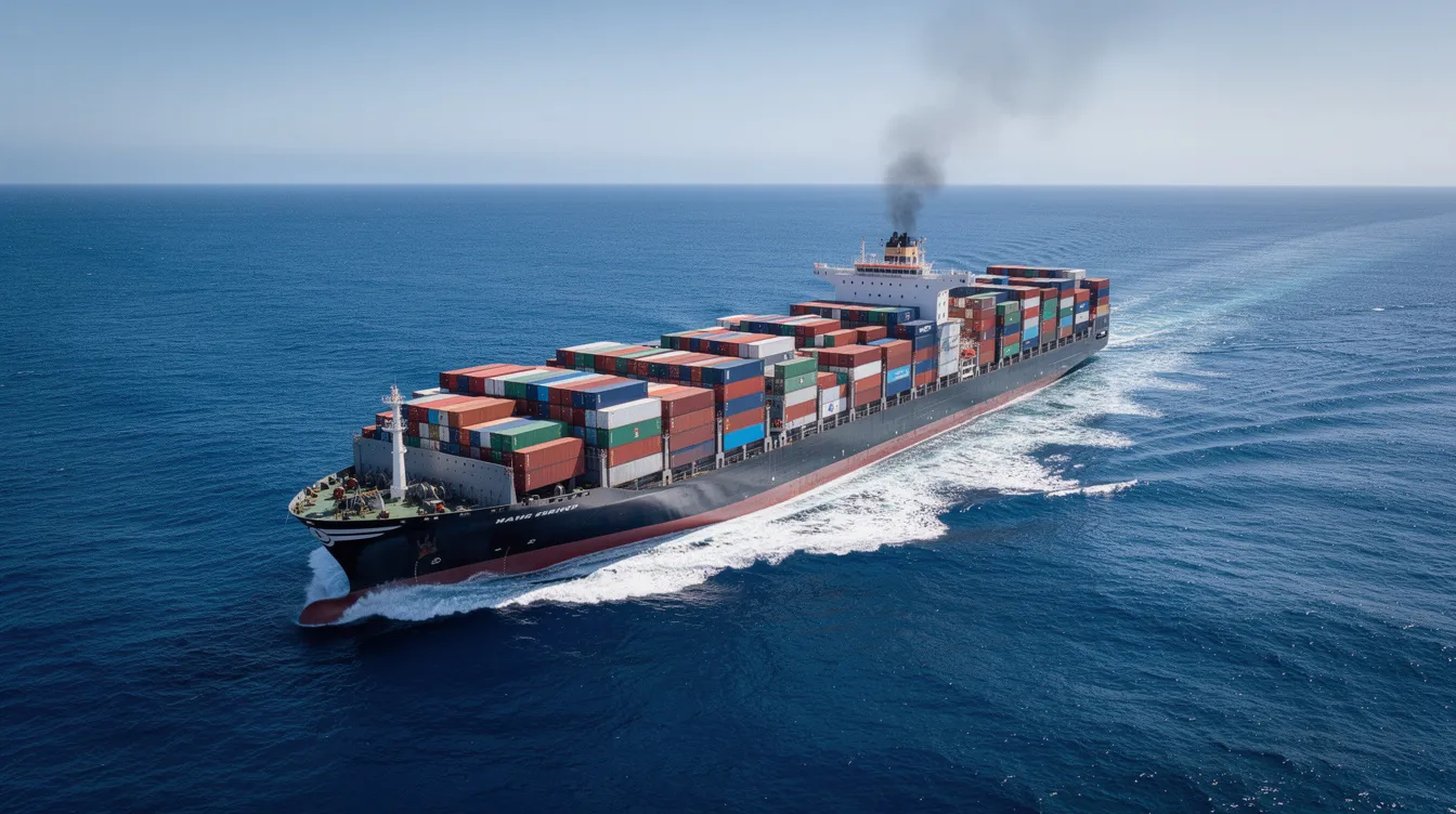 A large container ship is navigating through open ocean waters, with visible engine exhaust billowing into the air, highlighting potential machinery failure risks. The scene underscores the importance of regular inspections and preventive maintenance to ensure the reliability of critical systems in global trade operations.