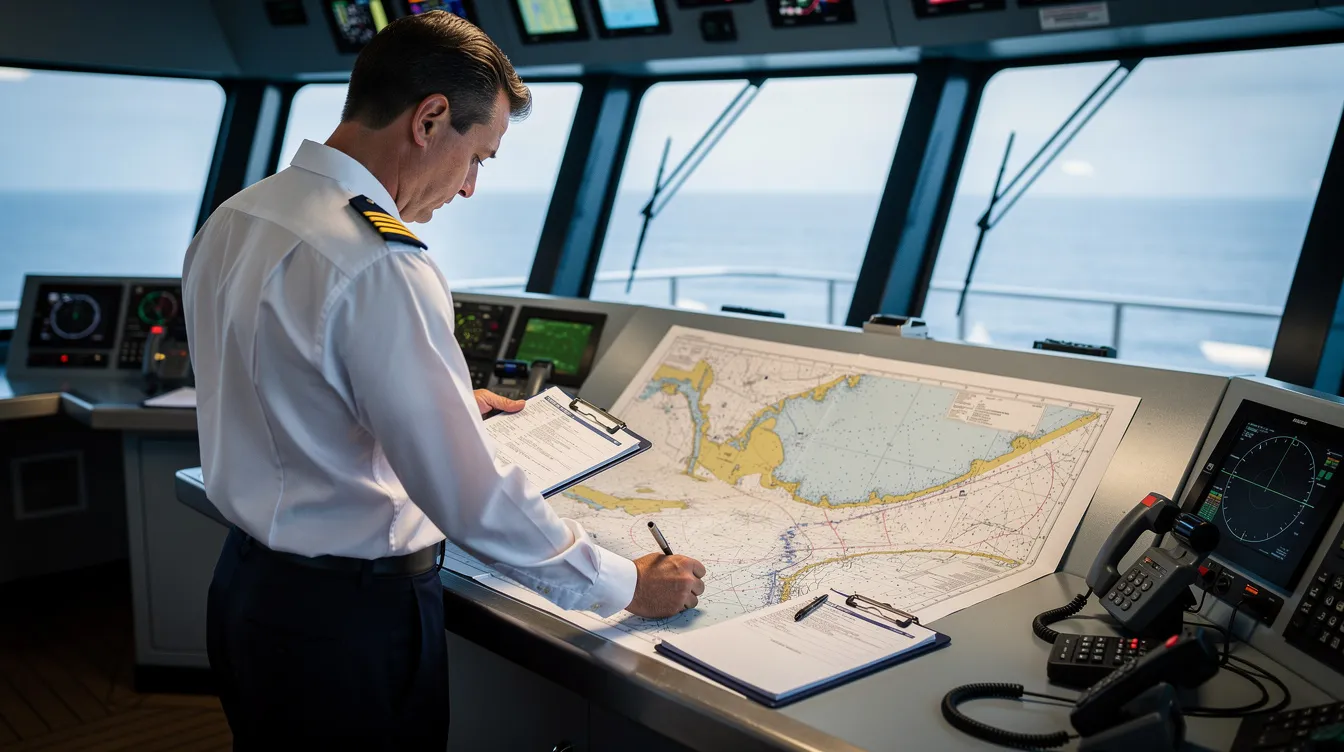 A ship officer is focused on reviewing various documents and navigational charts at a navigation desk, surrounded by maritime equipment and tools. The scene highlights the importance of maritime security and effective management practices in navigation and risk management processes.