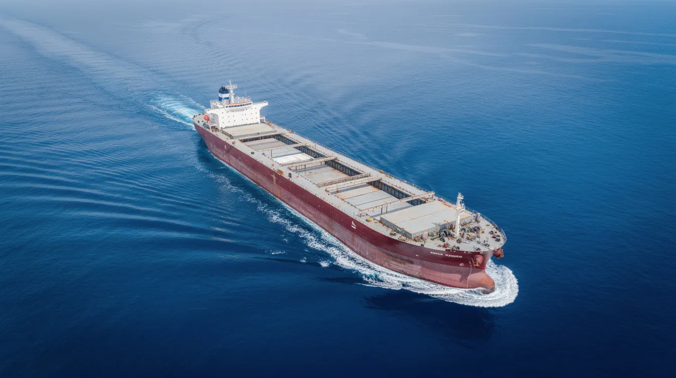 An aerial view captures a large bulk carrier vessel gliding smoothly across the calm blue ocean waters, highlighting its crucial role in global trade and maritime safety. The image emphasizes the importance of regular inspections and preventive maintenance to ensure the vessel's structural integrity and operational efficiency.