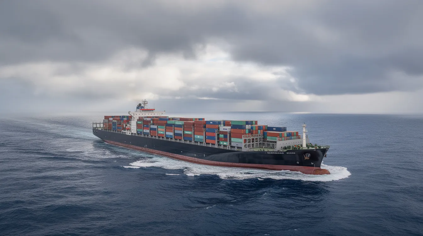 A large cargo ship sails through the open ocean under cloudy skies, showcasing the vastness of maritime security and the importance of managing threats in shipping routes. The ship, a symbol of global trade, navigates the waves, reflecting the essential roles of various biological processes in regulating gene expression and development.